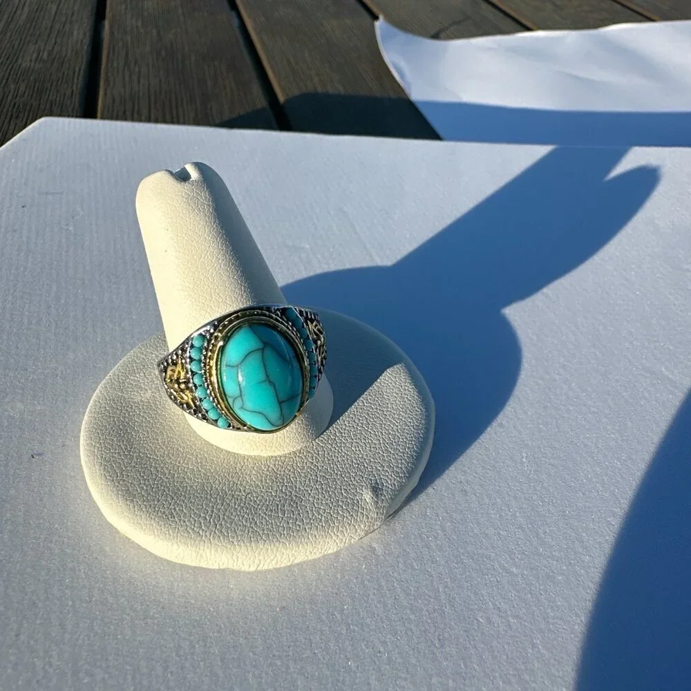 Turquoise Statement Ring Gold Silver Accents Size 8 to 11